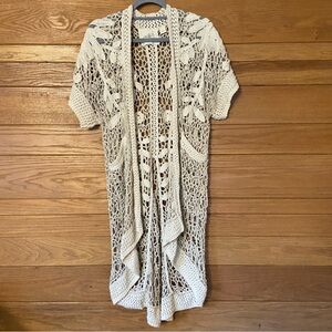 Anthropologie Angel of the North linen blend doily crochet open front sweater
